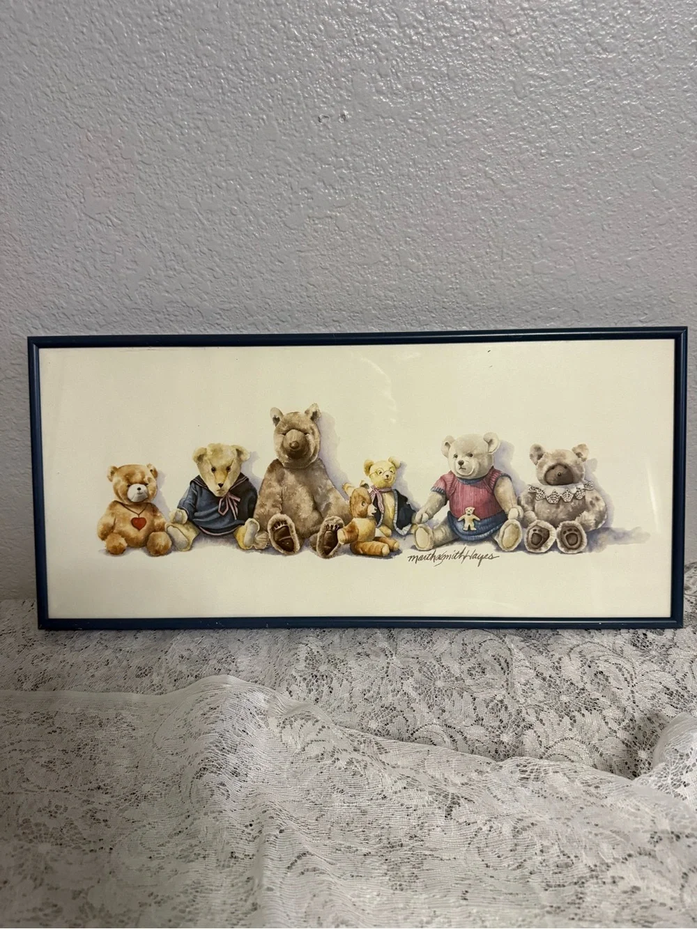 Vintage Martha Smith Haynes Teddy Bear Row Framed Wall Art - Blue Frame